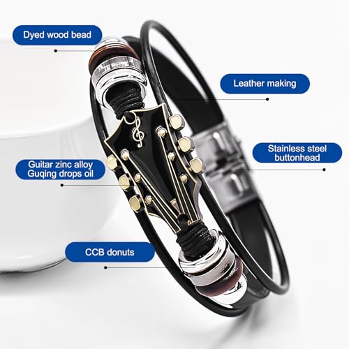 Retro Guitar Leather Bracelet for Man Women Unique Bead Braided Handmade Ethnic Tribal Cuff Multi-Layer Cords Wrap Music Shape Punk Rock Jewelry Gifts Wristband3
