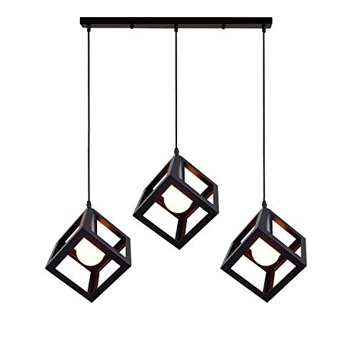 iDEGU 3 Lampes Suspension Luminaire Vintage Lustre Style Geometrique Lampe Suspendue en Forme de Cube pour Chambre à Coucher, Salon, Salle à Manger, Cuisine - 16 CM, Noir