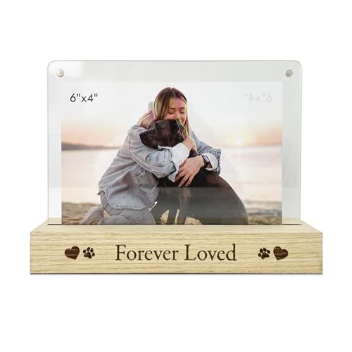 Forever Loved Pet - Cornice portafoto commemorativa per animali domestici, base in legno, adatta per foto da 15 x 10 cm, fogli magnetici in acrilico, stampa a cuore e zampa, regalo per lutto