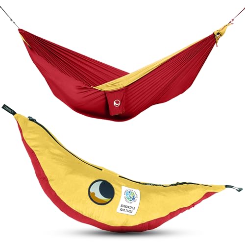 Ticket to the Moon Original 1 to 2 Person Lightweight Camping Hammock - Fair Trade & Handmade Portable Hammock for Traveling, Camping, Parachute Silk Nylon, Set-Up < 1 min - Burgundy/Dark Yellow