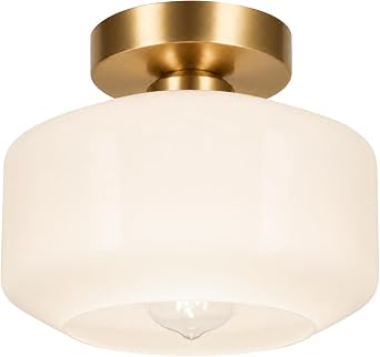 Industrial Semi Flush Mount Ceiling Light Brushed Gold, 800 Lumen LED Bulb Included, Milky White Glass Shade Ceiling Light Fixture for Hallway Bathroom Bedroom Passway, Vintage Hanging Light Fixtures