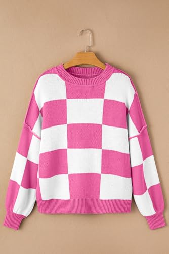 Women's Elegant Rose Stripe Checkered Bishop Sleeve Sweater - Luxuriously Soft Fabric4