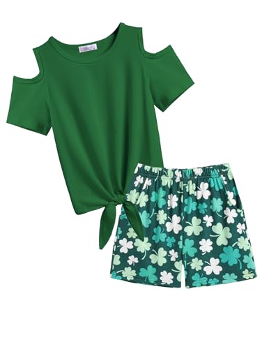 Image of Arshiner Girls Short Sets 2 Pieces Outfits Short Sleeve Tie Knot T-Shirts and Casual Shorts With Pockets Cute Clothes Sets