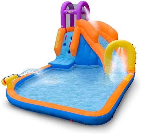 Mega Tornado Twist Inflatable Water Park w/Slide, Water Cannon, Splash Pool, and Climbing Wall for Ages 5 and Up.