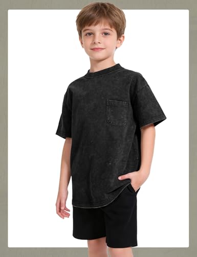 Image of COZYPOIN Unisex Kids Vintage Acid Wash Cotton Tees Crew Neck 3-16Y