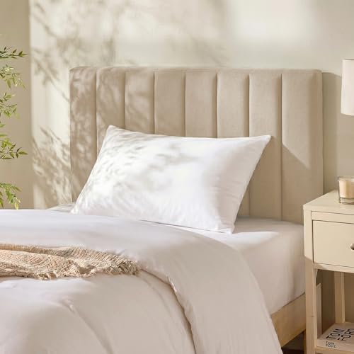 Hearth & Harbor Upholstered Twin Headboard - Easy Assemble Channel Stitched Headboard Twin Size - Wall Mounted Headboards with 3D Soundproof Wall Panels Peel & Stick Floating Headboards Beige