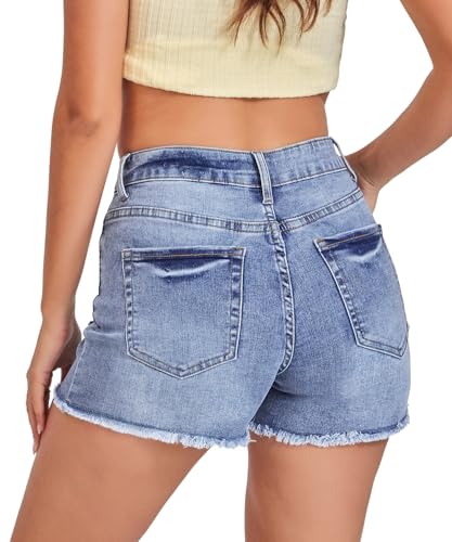 Image of VIPONES Women Mid Rise Jeans Shorts Frayed Raw Hem Summer Stretchy Casual Denim Shorts