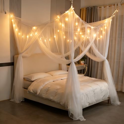Anmas Box Mosquito Net Bed Canopy for Double Bed - White Four Corner Post Curtains Elegant Drape With Hook & Rope Screen Netting for Full