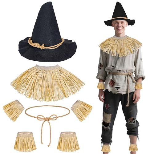 Horolam 7PCS Scarecrow Costume Accessories, Straw Set and Scarecrow Hat for Adult for Cosplay Dress Up
