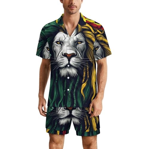 Reggae Lion Smokes Weed Rasta Mens Pajamas Set Short Sleeve Sleepwear Summer Pjs Sets 2 Piece Loungewear Nightwear