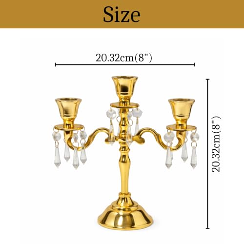 Image of Aluminum 3-Arm 8inch Gold Crystal Hanging Candelabra for Dining Table | Vintage Candle Stand for Romantic Dinner, Home & Wedding Decor