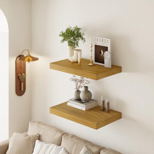 Image of 24 inch Extra Deep Floating Shelves, Set of 2, Natural Wood | 24 inchL x 12 inchD x 1.8 inchH, Set of 2, Solid Paulownia Wood, Natural Clear-Coat Finish, Hidden Brackets, Hardware Included