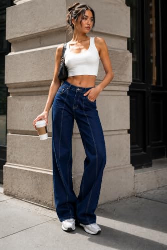 Image of GRECIILOOKS Embroidery Jeans for Women| Women's Summer Wide Leg Denim Jeans | High Waist Straight Fit Casual Pants for Office, Vacation & Everyday Wear