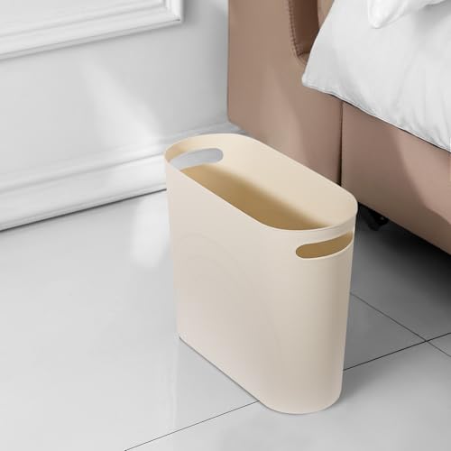 Image of rejomiik Small Trash Can, 3.5 Gallon Slim Garbage Can Plastic Waste Basket with Handles Container Bin for Narrow Spaces Bathroom, Bedroom, Kitchen, Office at Home, 2 Pack Cream