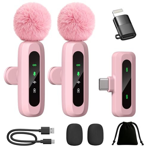 Image of Upgraded Mini Microphone for iPhone Android /iPad PC with LED Display, Wireless Clip-On Mics, USB C Lavalier Microphone with Noise Cancelling (for Lightning-USB-C Port, Pink)