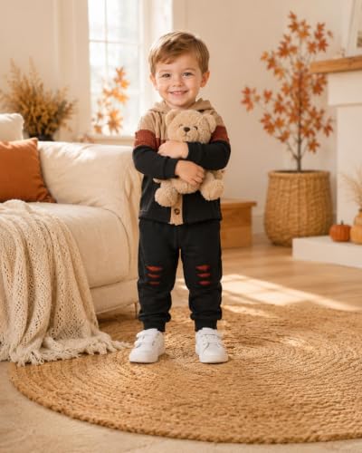 Image of Renotemy Toddler Baby Boy Clothes Winter Hoodie Flannel Boys Outfits 12M-4T | Toddler Boys Outfits,Fall Winter Long Sleeve Hoodie Sweatshirt Clothes Set,Infant Boys Flannel Plaid Top Ripped Pants Set