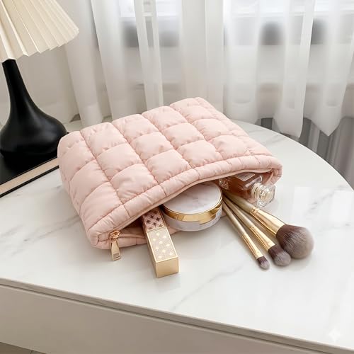 Image of Travel Makeup Pouch Set Toiletry Bag Cosmetic Organizer Bag for Women and Girls Toiletry Storage Kit Set of 3 (Pink Puffy)