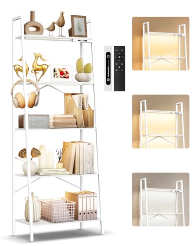 OUTONLIFE Libreria a Scala Larga a 5 Ripiani con Luce LED, Touch e Telecomando, 3 Temperature di Colore, Scaffale Angolare Alta Dimmerabile in Metallo e Legno per Soggiorno e Camera da Letto
