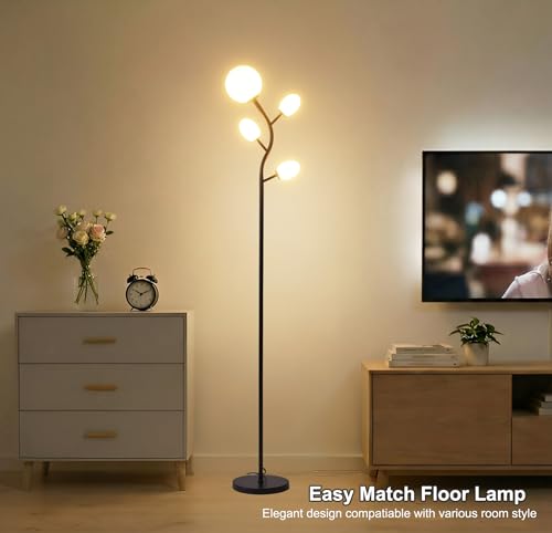 Image of Fiqevs 4 Globe Floor Lamp for Living Room, Mid Modern Standing Tree Lamp | 3000K Warm White Light, 4 LED Bulbs Included, Sphere Ball Frosted Glass Shade Tall Lamp for Bedroom /Office, Matt Black