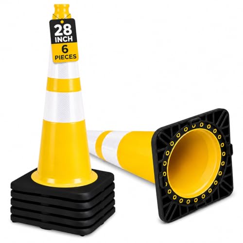 Image of BESEA 6 Pack 28 Inch Yellow Traffic Cones with Wide Weighted Base