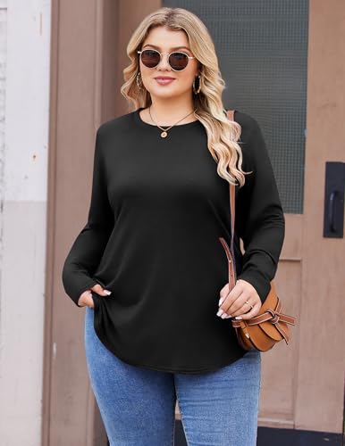 IN'VOLAND Womens Plus Size Long Sleeve Shirts Crewneck Side Split Tunic Tops Basic Loose Fit Tee Tops 20253