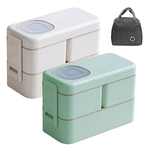 2 Pack Bento Box for Adult with Lunch Bag Japanese Stackable Wheat Fiber Bento Lunch Box 3-In-1 Compartments Lunch Meal Prep Container for Dining Out, Work, Picnic