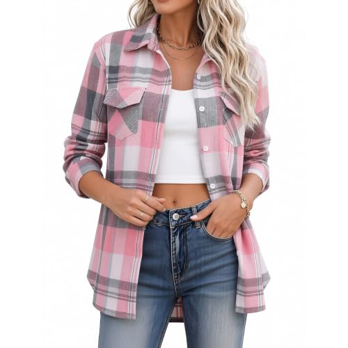 Womens Flannel Shirts Plaid Shacket Button Down Tops Pink Small - image 3
