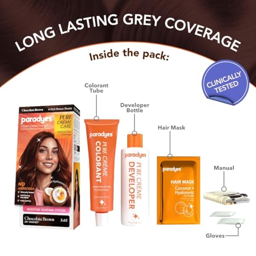 Image of Paradyes Pure Creme Care No Ammonia Hair Color Chocolate Brown 3.65 | Long-Lasting Creme Formula | Grey Coverage | Coconut Milk + Almond Oil + Hyaluronic Complex | Smooth & Shiny Finish | 60g+10 ml