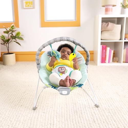 Image of Bright Starts Wild Wonders Vibrating Baby Bouncer, Removable Toy Bar with 2 Toys, Nonslip Feet, 0-6 Months Up to 20 lbs