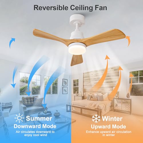 Image of 36 Inch Outdoor Ceiling Fans with Lights and Remote Control, Dimmable 3 Blades Wood Outdoor Ceiling Fans for Patios White Natural Wood Bedroom Ceiling Fan with Light, Wall Switch