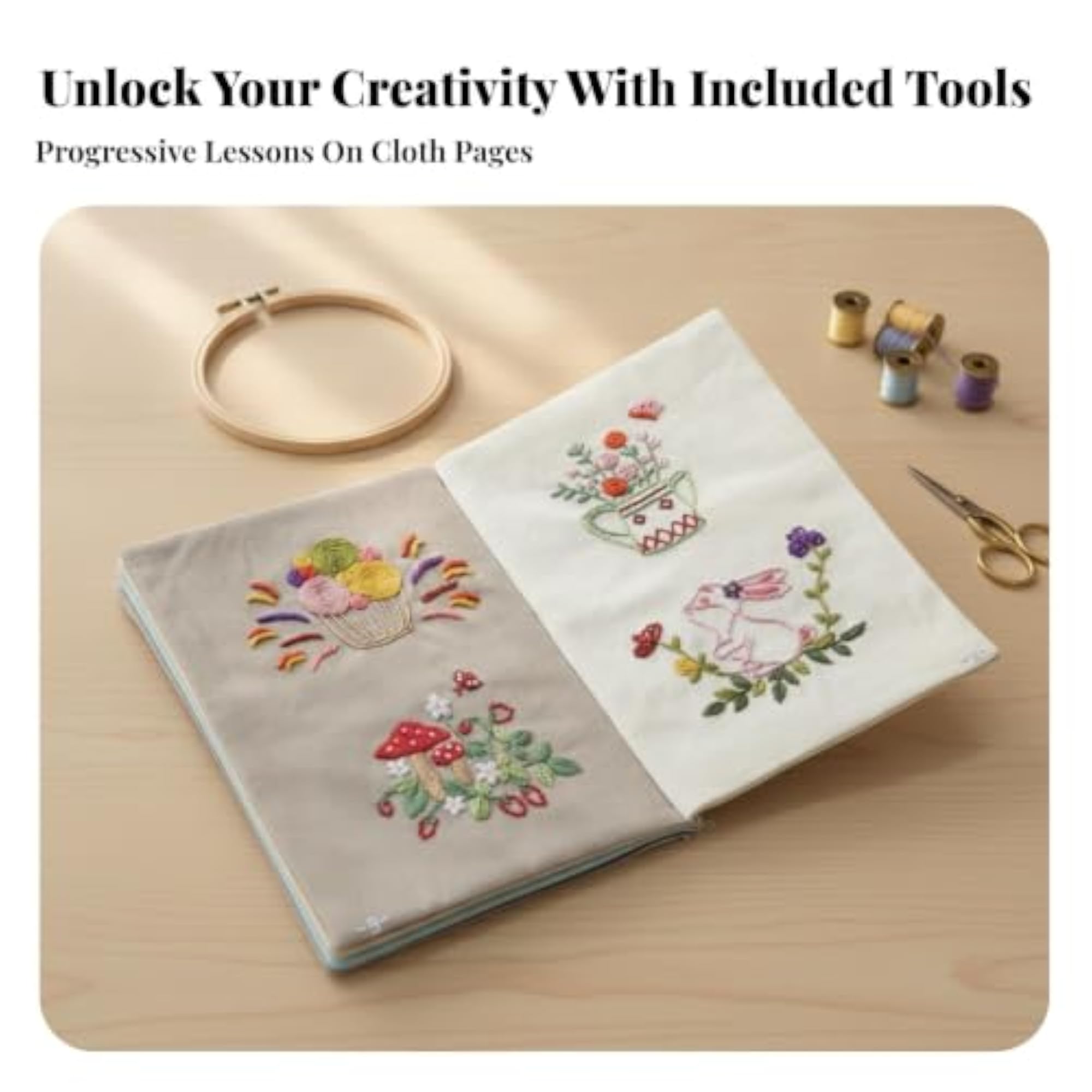 Embroidery Practice Book with Hoop, Guided Stitch Instruction Kit