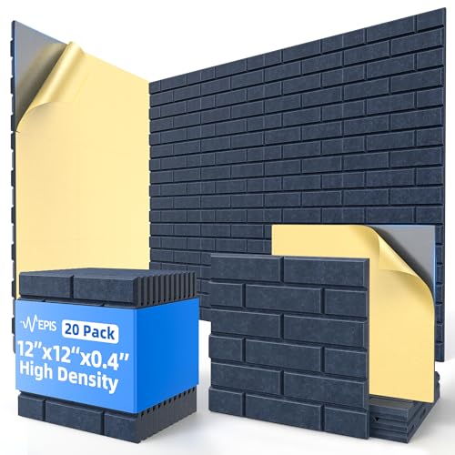 Image of 20 Pack Acoustic Panels with Self Adhesive, 12 inch X 12 inch X 0.4 inch High Density Sound Proof Foam Panels for Walls, Soundproof Wall Panel, Brick Sound Absorbing Panel for Home Studio Office Decor Navy Blue