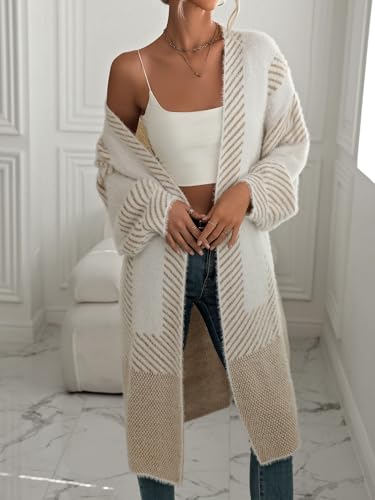chouyatou Women's Color Block Striped Fuzzy Long Cardigan Sweaters Open Front Diagonal Stripe Knit Cardigan Jacket Coat4
