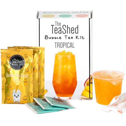 Bubble Tea Kit Gift Box | Tropical Flavour | Mango Bubble Tea Syrup, Passion Fruit Popping Boba, Premium Tea and Paper Straws | Makes 3 Bubble Teas | Vegan | by THE TEASHED