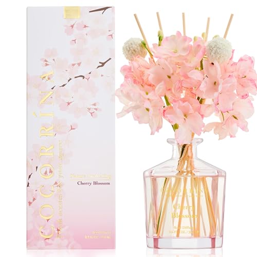 COCORRÍNA Fleur Diffuseur Parfum Maison, Cherry Blossom 250ml avec 8 Diffuseur Bâtonnets diffuseur de Parfum, Batonnets Diffuseur Parfum, Reed Diffuseur pour...
