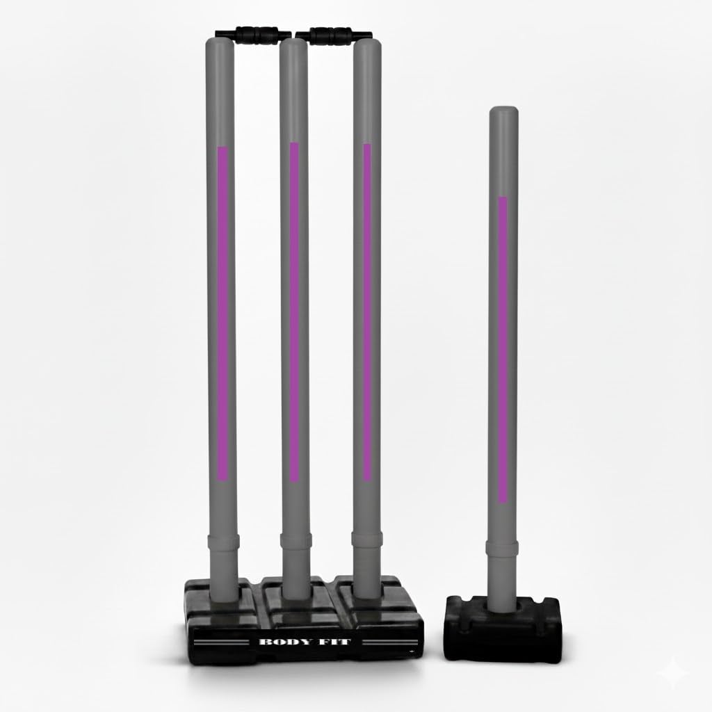 Bodyfit Heavy Cricket Stumps | PVC Wickets Set with 4 Stumps + 2 Bails + 2 Stands | Full Size Wickets for Cricket Ground, Tournament Wicket, Floro-Grey-Purp.-image-33