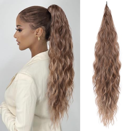 Flufymooz Ponytail Extension, Flexible Wrap Around Ponytail Extension Long Wavy Curly Ponytail Hair Extensions Natural pony tail Synthetic Hairpiece for Women 32 Inch (Chocolate Brown to Light Brown)