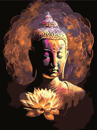 AAJJCENS 金色に輝く蓮華坐仏のデジタルナンバーアート 光輪に包まれる瞑想仏様の和風デジタル絵画 数字油絵 数字キット塗り絵 手塗り DIY絵 デジタル油絵 ホーム オフィス装飾 40x50cm (フレーム付き)