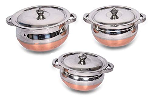Eopzo Stainless Steel Heavy Gauge Kitchen Serving and Cooking Handi Set Pot Vessel with Lid and Handle (Set of 3)