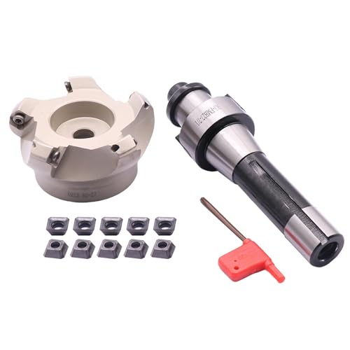 Image of 3.15 inch /80mm Cutting Dia 5-Flute KM12 80-27-5T Face Mill Shell Cutter Set | 45 Indexable Face Mill, R8 FMB27 7 /16-20UNF Shank Face End Mill Arbor with 10Pcs SEKT1204 Carbide Inserts and T20 Wrench