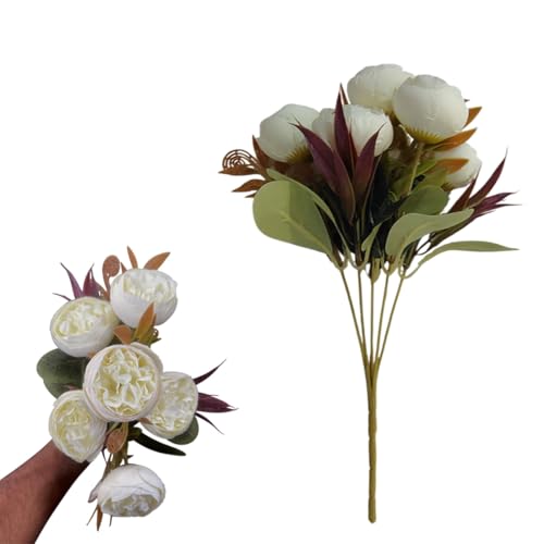WRAPPING STUDIO Artificial Flowers Bunch, Aesthetic Off White Colour, Poly Silk Peony Flowers Without Vase, Premium & Vintage Look, Ideal for Home Décor, Office Décor, Gift Items, Weddings