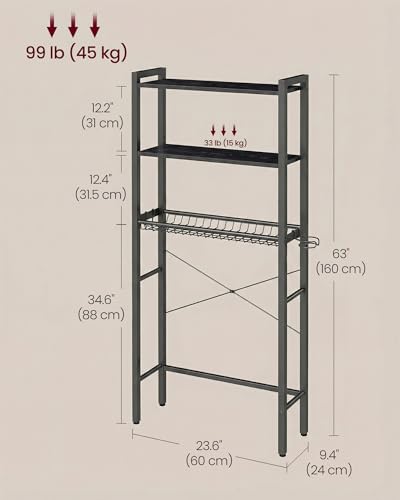 Image of VASAGLE 3-Tier Over the Toilet Storage, Adjustable Shelves, Basket, 63''H