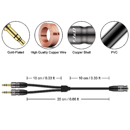 J&D Headphone Splitter 3.5mm Mic Audio Cable, 1/8" Female to Dual 3.5mm Male Mic Splitter Cable for Cellphone, Headset, PC Durable Copper Shell Headphone Cord, 0.65 Feet - image 2