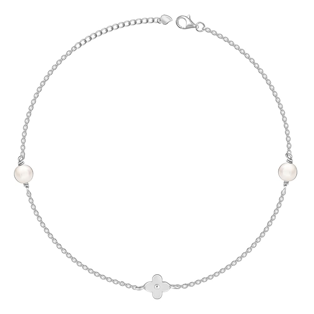925 Silver Pearls & Flower Anklet,Single| Gifts for Women and Girls | With Certificate of Authenticity and 925 Stamp | 6 Months Warranty*