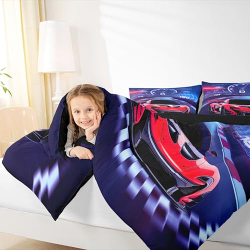 Image of Feelyou Purple Red Race Car Comforter Set Boys Extreme Sports Car Bedding Set for Kids Boys Cool Car Comforter Car Sports Inner Fill Duvet Set 1 Comforter Set with 2 Pillowcases Queen Size