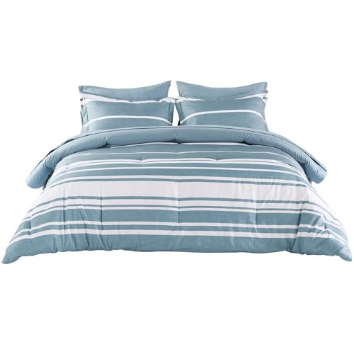 Image of Bedsure Twin Comforter Set 5 Pieces, Grey Blue Striped Bedding Set for All Seasons, Reversible, Cationic Dyeing Bed in a Bag with Comforter, Sheets, Pillowcase & Sham
