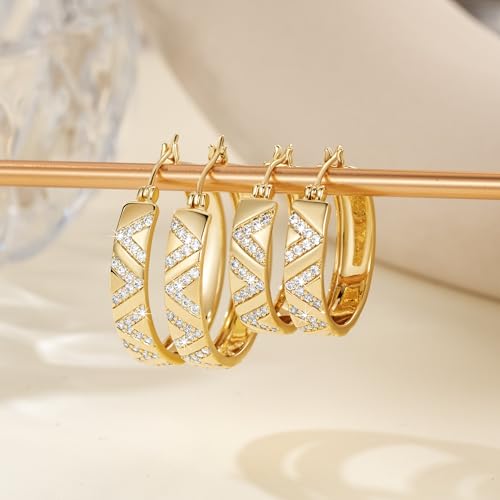 14K Gold Hoop Earrings for Women 14K Gold Earrings V-Shaped Cubic Zirconia Inlay Thick Hoops Womens Earring 25/30mm 5