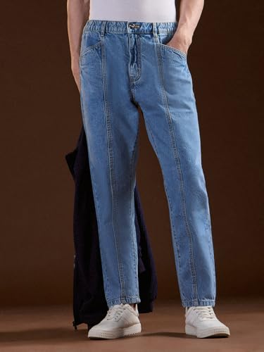 Image of THE BEAR HOUSE Men's Dark Blue Relaxed Solid Cotton Jeans