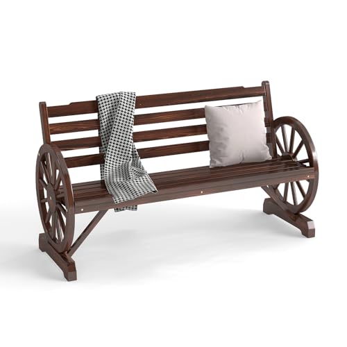 Image of kinbor 55 inch Wooden Rustic Wagon Wheel Bench, Outdoor Bench Seat, Backrest