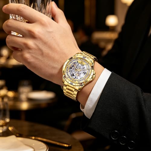 Image of Skeleton Automatic Mechanical Watch Mens Business Luxury Gift Steel Band | Stainless Steel Waterproof Male Golden Wristwatch Luminous Markers & Hands Hardlex Mirror Butterfly Double Button